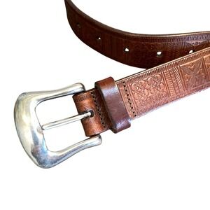 Fossil Kids Brown Leather Mosaic Embossed Belt‎ Silver Tone Buckle Size Small